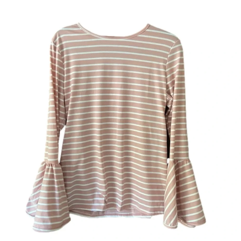 &thewhy Boutique Stripe Printed Bell Sleeve Casual Top Size Large